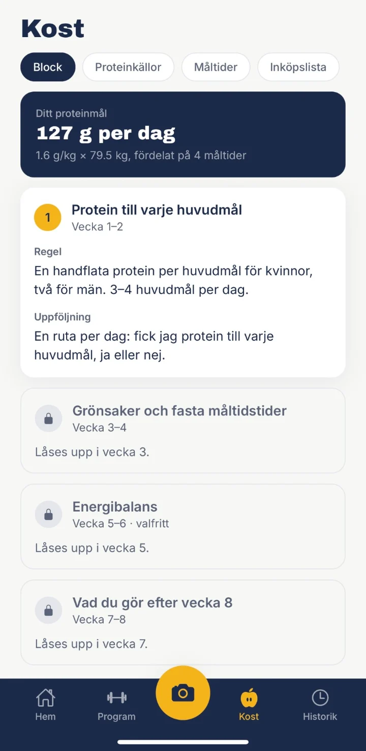 Skärmbild från PT Appen som visar kostdelen med proteinmålet per dag och de fyra kostblocken.